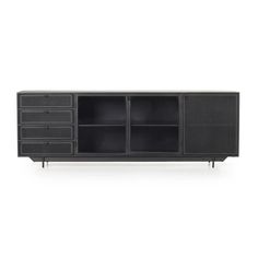 the sideboard is black and has two doors on one side, and three drawers on the