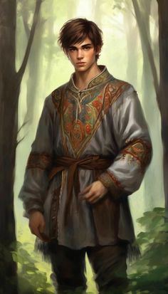 a painting of a man dressed in medieval clothing standing in the woods with his hands on his hips