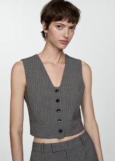 Pinstriped suit vest - Woman | MANGO USA Suit Vest Women, Pinstriped Suit, Boys School Shoes, Waistcoat Woman, Pinstriping Designs, Suit Waistcoat, Mango Tops, Pinstripe Suit, Suit Vest