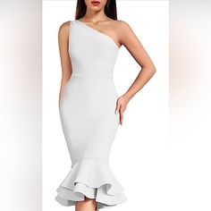 Nwt White One Shoulder Ruffle Hem Midi Dress Like This Post For Up To 20% Off Nwt New With Tags, Never Worn - No Stains & No Tears Discounted Shipping - Ships In Less Than 24 Hrs - Receive In Only 2-3 Days Top & Trusted Poshmark Ambassador - 5 Star Rated Seller - Smoke Free Business - Same Day Measurements & Answers To Questions Available Upon Request We Consider All Reasonable Offers - Make An Offer Now For Us To Accept One Shoulder White Dress, One Shoulder Ruffle Dress, Black One Shoulder Dress, Drape Maxi Dress, Shoulder Ruffle Dress, One Shoulder Midi Dress, Boohoo Dresses, Cheetah Print Dress, Floral Shift Dress