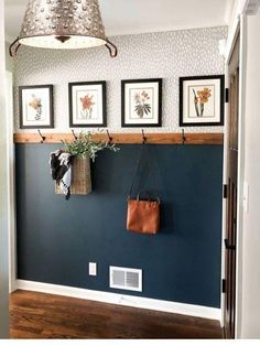 a purse hanging on the wall with three pictures above it and a plant in a basket