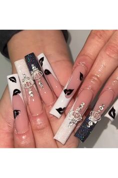 Ongles Bling Bling, Crown Nails, Fake Nails Long, Long Press On Nails, Nagel Tips, Cute Acrylic Nail Designs, Black Nail Designs, Long Square Acrylic Nails, Black Nail