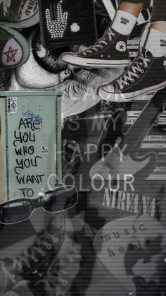 a collage of shoes and other items with words written on them, all in black and white