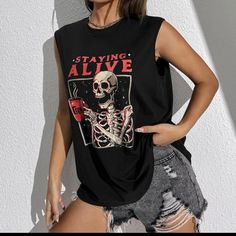 Small, Skull Muscle Shirt, Never Worn Muscle Shirt Outfit Womens, Halloween Letras, Small Skull, Estilo Rock, Muscle Shirt, Sheer Shorts, Women Tank Tops, Sport Tank Tops, Turtle Neck Top