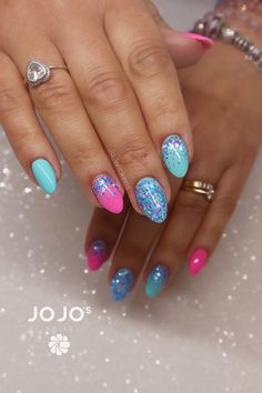 Blue And Pink Glitter Nails, Bright Blue And Pink Nails, Hard Gel Nails Design Summer, Light Elegance Nails, Light Elegance Gel Nails, Baby Pink And Blue Nails, Blue And Pink Gel Nails, Trendy Nails Glitter, Blue Nails Glitter