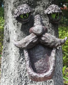 a tree with a face carved into it's trunk and green eyes on top