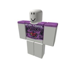 a white and purple lego figure with an advertisement on it's chest, standing in front of a white background