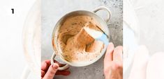 a person mixing something in a bowl with a spoon