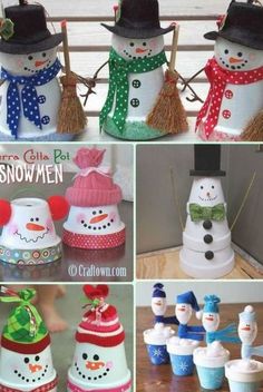 snowmen made out of cupcakes and frosting cups are featured in this collage