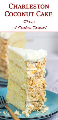 a piece of charleston coconut cake on a blue plate