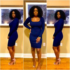 Long Sleeve Deep Blue Dress Blue Square Neck Mini Dress For Party, Blue Mini Dress With Square Neck For Party, Blue Square Neck Bodycon Party Dress, Blue Square Neck Bodycon Dress For Party, Blue Bodycon Midi Mini Dress, Blue Midi Length Bodycon Mini Dress, Blue Mini Bodycon Dress For Date Night, Blue Knee-length Midi Dress For Fall, Chic Blue Bodycon Dress