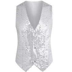 The simple yet eye-catching V-neck design of this vest creates a fashionable look. A must-have party item, a sequin vest will make you stand out and be the center of attention. A shiny vest is the first choice for those who want to be confident and stylish. This sequin tank top is suitable for dinner parties, parties, clubs, shows, banquets, weddings, graduations, proms, and festivals. Mens Sparkle Outfit, White Festival Vest, Fitted Sequin Party Vest, Stretch V-neck Party Vest, Silver Vest Men, Sequin Vest, Satin Suit, Prom Suits, Sequin Tank