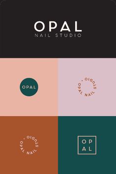 the logo for opal nail studio is shown in four different colors and font options