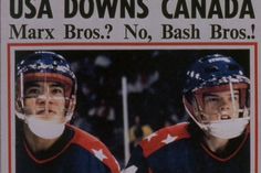 an old newspaper ad featuring two men in football uniforms, one wearing a helmet and the other holding a hockey sticker