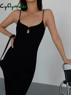 Cyflymder - Solid Keyhole Strap Long Dress Black / Xs Dresses Cutout Style, Fitted Dress, Hand Washing, Dress Length, Long Dress, Style Casual, Care Instructions, Black Dress, Slim Fit