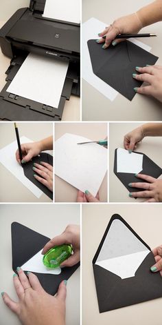 the process to make a paper envelope with scissors and glue is shown in four different pictures