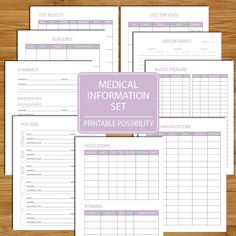 printable medical information set on a wooden table with text overlay that says medical information set