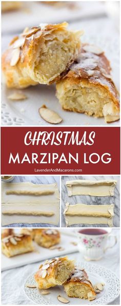 christmas marzipan log recipe on a plate with the title in red and white