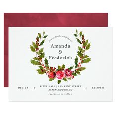 a red and white wedding card with holly wreath