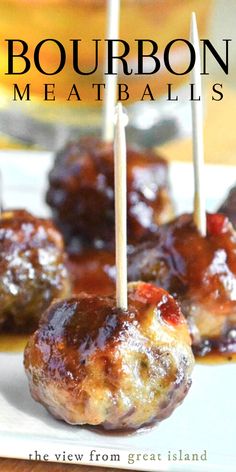 bourbon meatballs on toothpicks Bison Meatballs, Bourbon Meatballs, Bison Recipes, Cocktail Meatballs, Appetizer Meatballs, Appetizers Easy Finger Food, Best Appetizer Recipes, Finger Foods Easy, Recipes Appetizers And Snacks