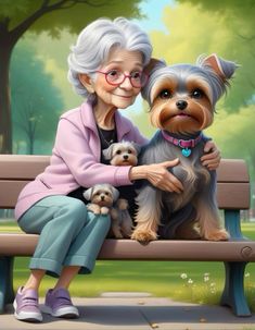 an elderly woman sitting on a bench with two dogs