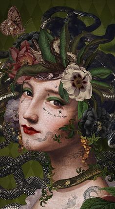 a painting of a woman with tattoos and flowers on her head, surrounded by snakes