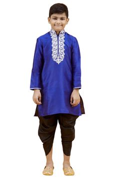 Product Features: Top Color: Blue Bottom Color: Black Top Fabric: Silk Bottom Fabric: Silk Pattern And Print: Embroidery Work: Solid And Neck Embroidered Sleeve Type: Full Sleeve Neckline Type: Chinese Collar Closure Type: Button Wash Care: Dry Clean Occasion: Festival Package Contain 1 Top And 1 Bottom Product Type Boys Kurta Pyjama Set Disclaimer: There Will Be Slight Difference In Digital To Actual Image Festive Traditional Kurta With Embroidered Hem, Traditional Sets With Embroidered Hem For Eid, Traditional Eid Sets With Embroidered Hem, Traditional Festive Sets With Embroidered Hem, Royal Blue Long Sleeve Traditional Wear For Diwali, Royal Blue Traditional Long Sleeve Wear, Royal Blue Long Sleeve Traditional Wear, Royal Blue Long Sleeve Sets For Diwali, Royal Long Sleeve Sets For Eid