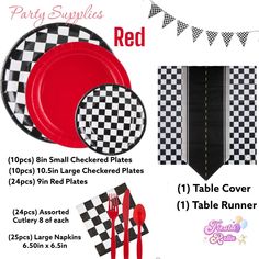 red and black checkerboard tableware set with place settings