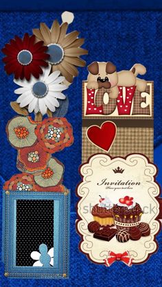 an image of some paper flowers and other items on a blue background with the words love written in it