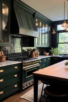 a kitchen with green cabinets and an island in front of the stove top is surrounded by potted plants