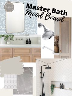 a collage of photos with the words master bath mood board