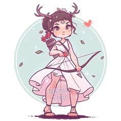 a girl with horns holding a bow and arrow in her hand, while wearing a white dress