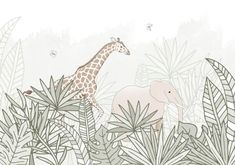 a giraffe and an elephant are in the jungle with palm leaves on it