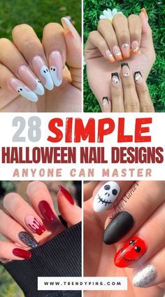 Halloween Nails 2024 Simple, Easy Gel Halloween Nails, Cute Easy Halloween Nail Designs, Acrylic Nail Designs Halloween Simple, Easy Halloween Nails Design Simple, Simple Nail Art Halloween, Spooky Halloween Nails Easy, Nail Designs Halloween Simple, Halloween Nails Gel Simple