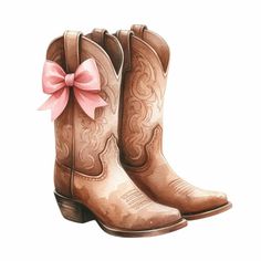 a pair of cowboy boots with a pink bow on the toe and heel, painted in watercolor