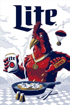 a chicken holding a can of lite next to a frying pan