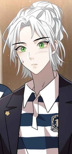 an anime character with white hair and green eyes wearing a striped shirt, black blazer and