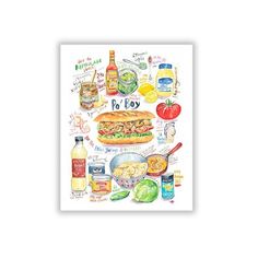 a watercolor painting of food and condiments on a white background, with the words fox written below it