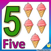 five ice cream cones are shown with the number five in front of them, which is 5