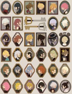 an image of anime characters in frames with keychains and keys on the wall