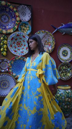 Luxurious Dolce Rose/Blue Roses Women's Midi Dress Yuliya Magdych Batiste Dress, Multicolor Maxi Dress, Chic Over 50, Fashion Designer Clothes, Yellow Clothes, Designer Clothes For Women, Made In Ukraine, Bright Fashion, Blue Roses