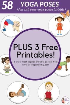 yoga poses for kids with the text, plus 3 free printables on it