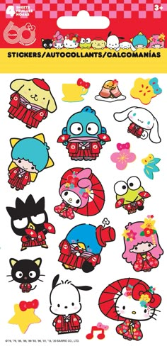 an assortment of stickers with cartoon characters on them, all in different colors and sizes