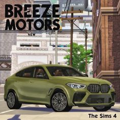 a green bmw suv driving down a street next to tall buildings and traffic signs that read breeze motors new the sims 4