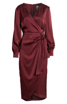 A side-tie detail lends a faux-wrap effect to this long-sleeve midi made of smooth satin. Hidden back-zip closure Surplice V-neck Long sleeves Partially lined 100% polyester Hand wash, dry flat Imported Winter Family Photoshoot, Long Sleeve Burgundy Dress, Family Photoshoot Outfits, Satin Wrap Dress, Favorite Daughter, Wrap Midi Dress, Maternity Shops, Burgundy Dress, Plus Size Kleidung