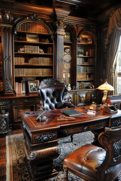 a large wooden desk sitting in front of a book shelf filled with books and chairs