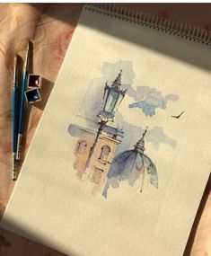 a watercolor sketch of a building with two spires and a bird flying over it