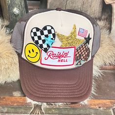 Raisin Hell Brown & Tan Custom Trucker Hat Custom Baseball Hats, Hat Bar, Patch Hats, Custom Patch, Custom Trucker Hats, Custom Patches, Baseball Hat, Trucker Hats, Raisin