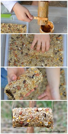 the process for making bird seed feeders is shown in four different pictures, including hands and