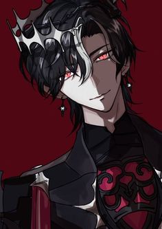 an anime character with black hair and red eyes, wearing a crown on his head